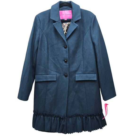 Betsy Johnson Wool Coat Women 14 Teal Jewel Button Scalloped Ruffle Feminine NEW - Picture 1 of 10